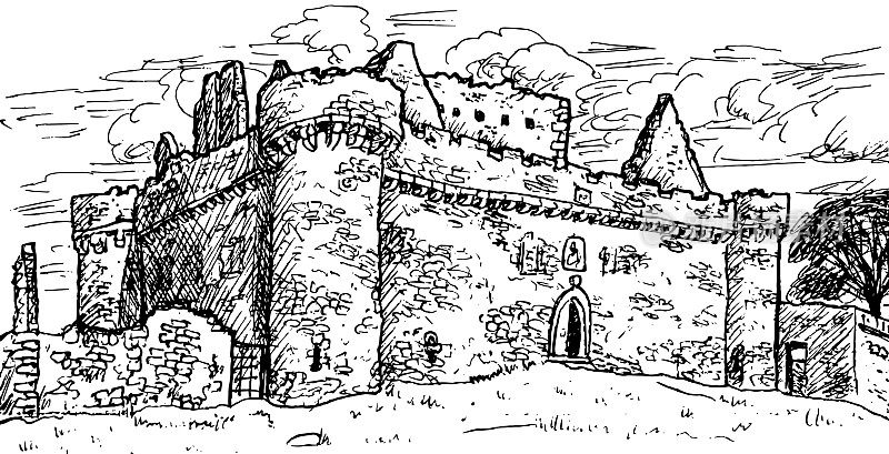爱丁堡附近克雷格米勒城堡(Craigmillar Castle)正面的塔楼和石墙。苏格兰的首都，在英国的北部。墨水画画。